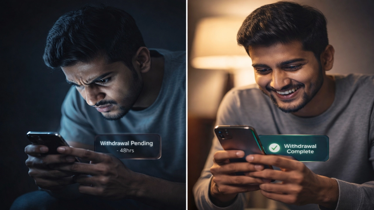 Comparison of a frustrated bettor and a happy bettor using a mobile betting app, showing emotional difference in betting experience
