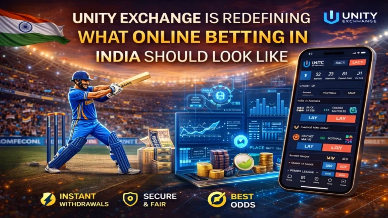 Unity Exchange betting platform concept with cricket player, mobile app interface, and digital analytics representing modern online betting in India