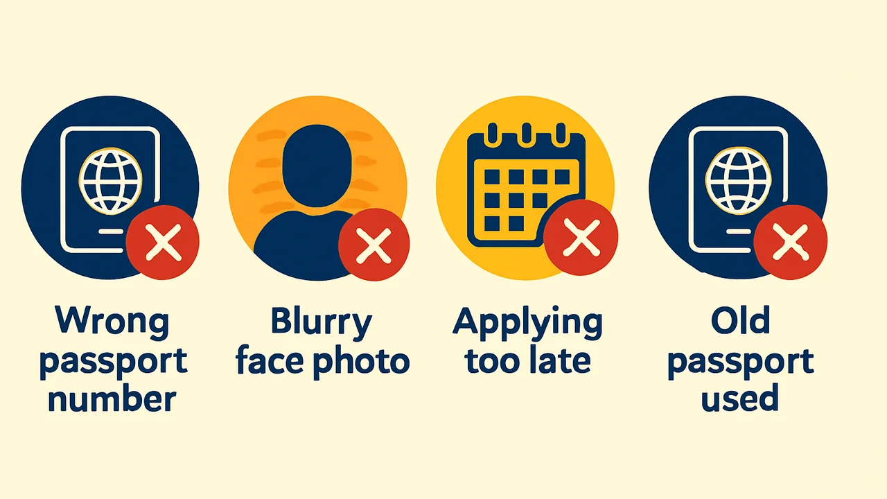 Icons of common mistakes in a UK ETA application via etourist.com